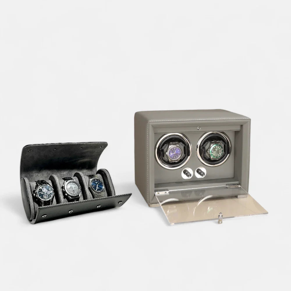High Roller Gift Set, Voyager Watch Travel Case Carrier Double, Taurus Watch Winder Anthracite, Front Side